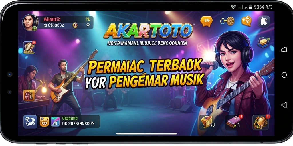 Tampilan gameplay AKARTOTO dengan lagu dan lirik yang interaktif.