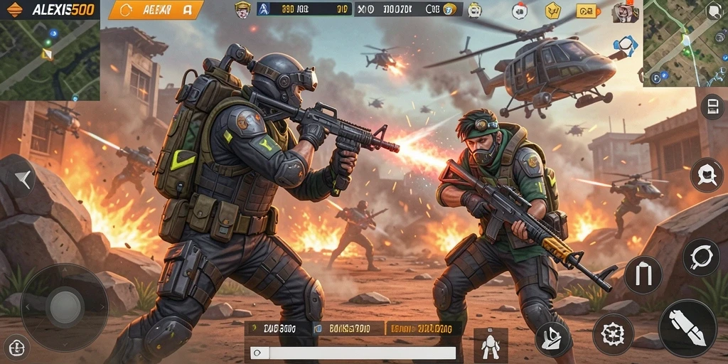 Screenshot utama ALEXIS500 menampilkan aksi pertempuran intens di medan perang Battle Royale.