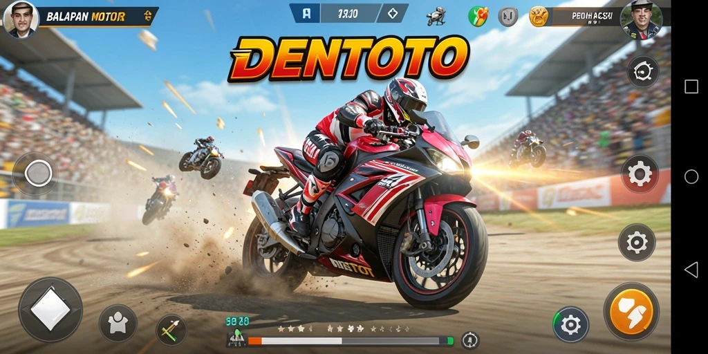 Screenshot DENTOTO menampilkan aksi balapan motor yang mendebarkan.