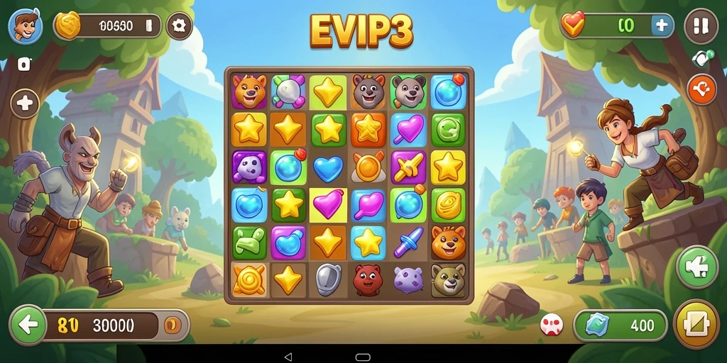 Tampilan gameplay menarik dalam EVIP3, mencocokkan permata dengan warna yang sama.