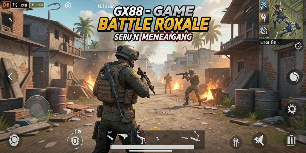 Screenshot GX88 menampilkan aksi menegangkan dalam pertempuran Battle Royale.
