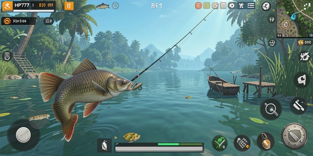 Screenshot gameplay HP777 saat memancing ikan besar di lautan.
