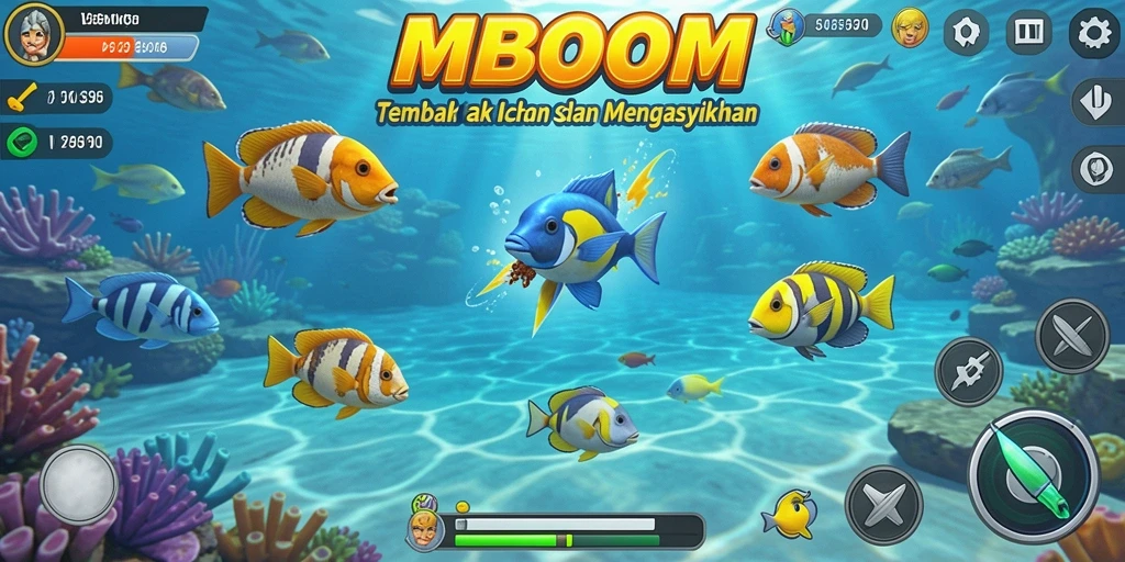 Screenshot utama MBOOM menampilkan gameplay Tembak Ikan yang menarik.