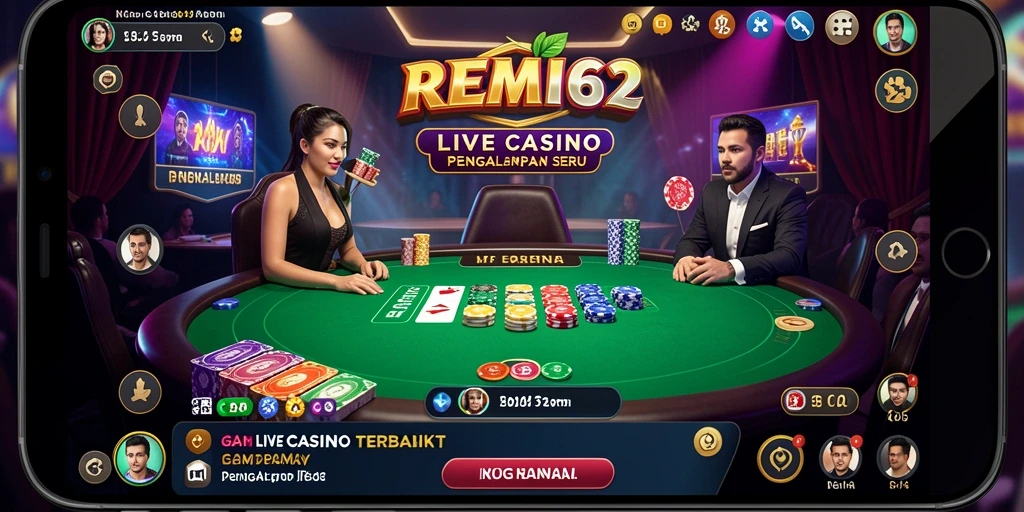 Screenshot permainan <strong>REMI62</strong> menampilkan dealer langsung dan suasana kasino yang menakjubkan.