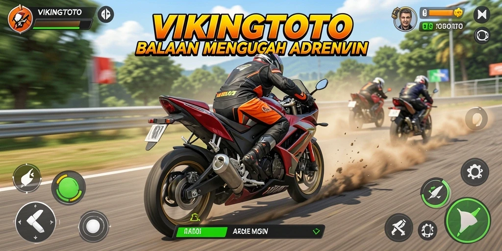 Tampilan gameplay seru dalam VIKINGTOTO dengan balapan motor yang mendebarkan.